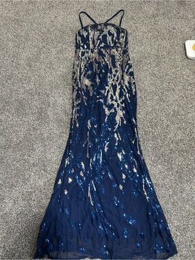 Source Unknown Navy and Gold Sequin Spaghetti Strap Prom Dress